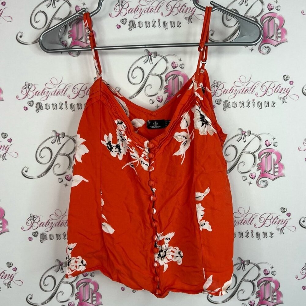 Volcom tank top buttons logo metal charm flowers Red Floral Camisole Top